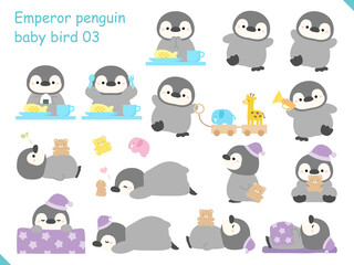 動物イラスト、ペンギンの赤ちゃんの食事と睡眠と遊びのイラスト素材、PNGデータ