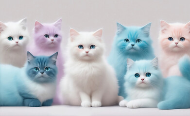 Many cute cats with colored hair in pastel colors, Generative AI Illustration.
