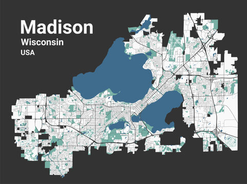 Madison map, capital city of the USA state of Wisconsin. Municipal administrative area map with rivers and roads, parks and railways.