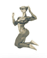 aquatic alien girl is jumping like a model on bikini