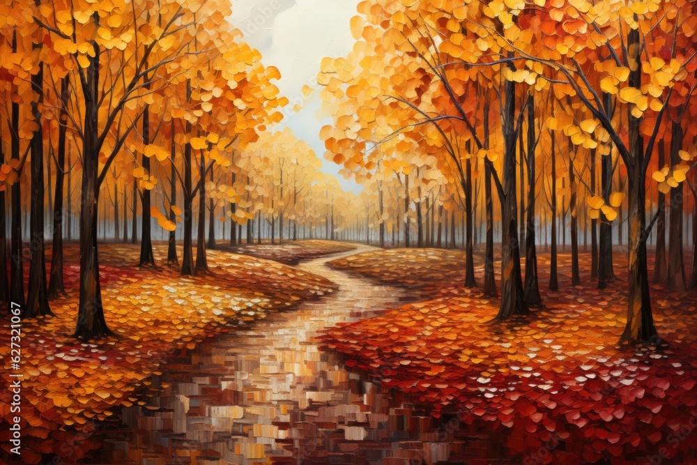 Poster a painting of a path through a forest. digital image. hello autumn card design.