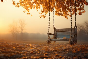 Empty Swing in Autumn: Symbol of Loss and Melancholy - AI Generated - obrazy, fototapety, plakaty