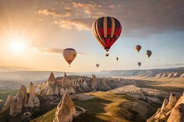 Air balloons flying over spectacular Cappadocia. Turkey. Generative AI