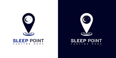 Sleep Point Logo Design. With crescent moon, stars, and pin point icon. Hotel logo. On white, blue, and navy blue colors. Simple, premium, and luxury design template