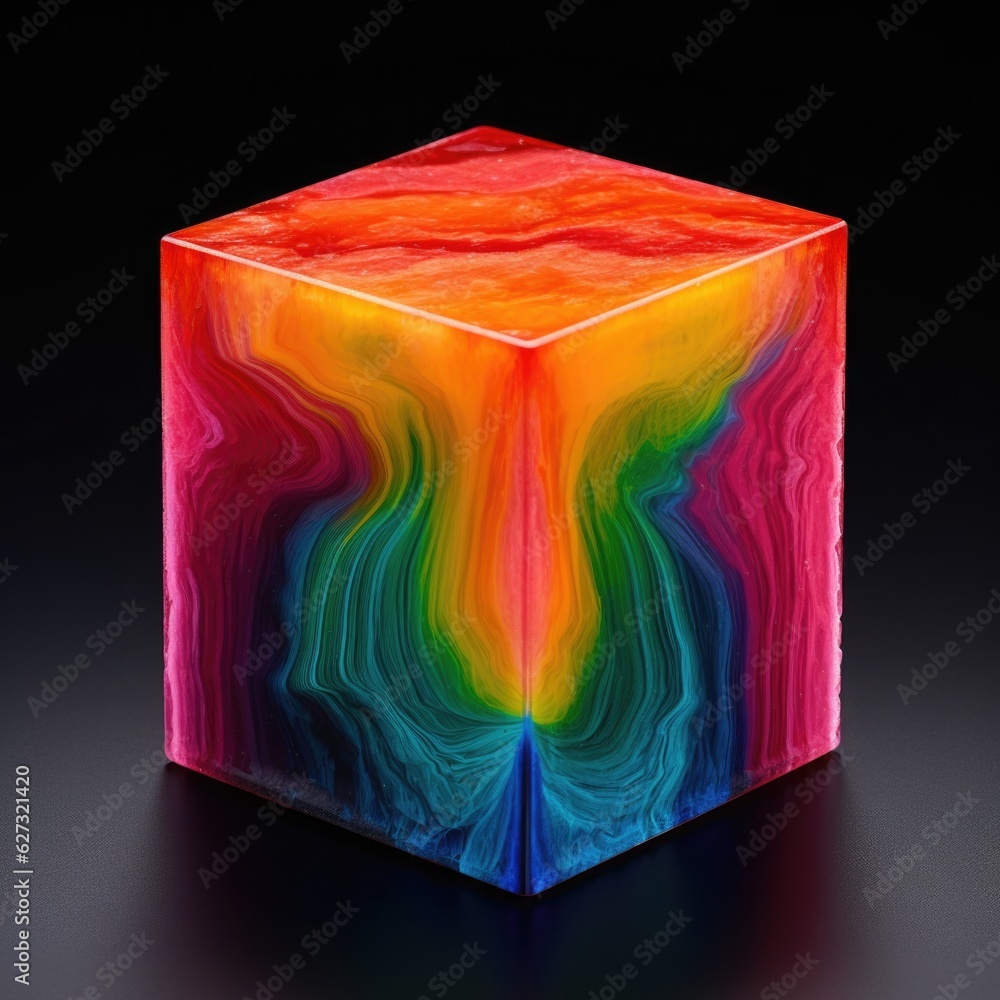 Poster a multicolored box on a black surface. digital image.