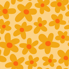 Floral seamless pattern. Hand drawn yellow flowers on yellow background in trendy doodle style. 