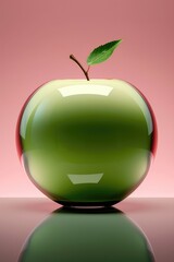 A green apple with a leaf sticking out of it. Digital image. Crystal apple.