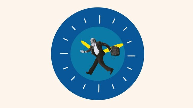Creative business design of senior employee, businessman running for meeting. Stop motion, 2D animation