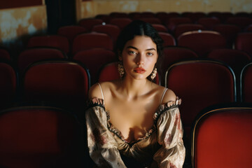 Obraz na płótnie Canvas portrait of a woman/model/book character sitting in a cinema/theatre surrounded by velvet seats in in a fashion/beauty editorial magazine style film photography look - generative ai art