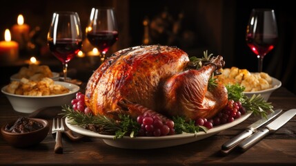 A roasted turkey on a platter with grapes and other holiday foods. Thanksgiving feast. - obrazy, fototapety, plakaty