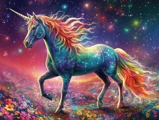Naklejka na ściany i meble The illustration depicts a majestic unicorn with a rainbow-colored mane and tail, set against a backdrop of glimmering stars and sparkles.