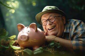 A man laying on the ground next to a piggy bank. Digital image. Pension savings, happy retirement plan.