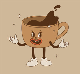 Retro cartoon coffee cup character set. Mug mascot in different poses. 70s-80s groovy contour vector illustration. Espresso black coffee cup.