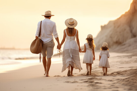 family going back to the beach, in the style of romantic atmosphere, light navy and brown, soft, romantic landscapes, light white and amber, photo taken with provia