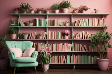 Beautiful, minimal pastel pink and green library with books, plants, flowers and a chair with pillows