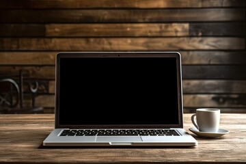 Fototapeta premium Work and white cup of Coffee. Laptop on a wooden table in blur cafe background. Business online concept