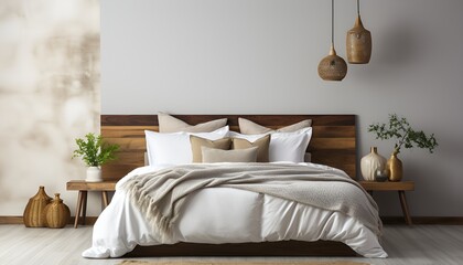 Bed in a modern minimalist interior grey wall background