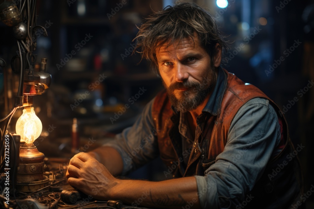 Poster a man sitting at a table with a lamp. digital image. car mechanic or manual worker portrait.