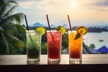 Obraz premium Exotic fruit tropical cocktails on Asian beach resort