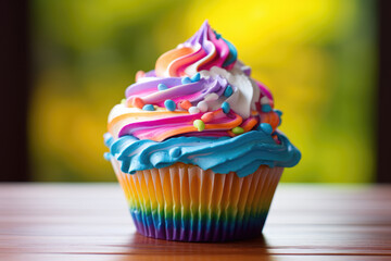 Delicious rainbow colored cupcake decorated with frosting and candy drops