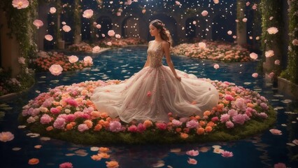 A girl in a surreal floating garden, where flowers and plants levitate around her as if by magic.