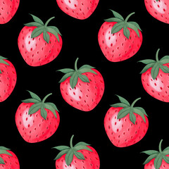 watercolor red strawberries seamless pattern on black background. Design for textile, fabric, wrapping paper.design scrap book paper, invitations and other