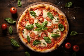 Pizza Margherita on a wooden table, top view