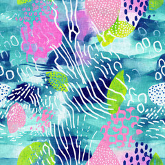 Fototapeta na wymiar Tropical modern coastal pattern clash fabric coral reef print for summer beach textile designs with a linen cotton effect. Seamless trendy underwater kelp and seaweed repeat background