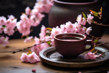 Obraz na płótnie Canvas A cup of Chinese tea with spring flower cherry blossom