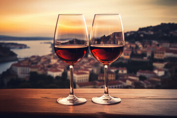 Two glasses of red wine with scenic view of Italian town