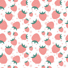 Vector seamless pattern of many pale pink strawberries on white background. Simple minimalistic berry icons. Graphic illustration for juice, baby food packaging design. Flat composition. Cartoon print