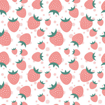 Vector seamless pattern of many pale pink strawberries on white background. Simple minimalistic berry icons. Graphic illustration for juice, baby food packaging design. Flat composition. Cartoon print © helen_tereshina