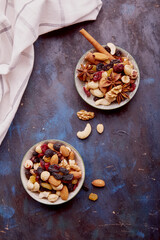 Assortment of nuts and raisinsflat lay. Healthy eating, dessert concept