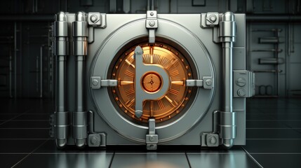 A large metal safe door with a clock on it. Concept for cyber security to protect cryptocurrency.