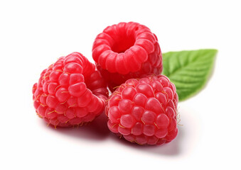 Raspberries red sweet berries with leaf on white.Macro.AI Generative.