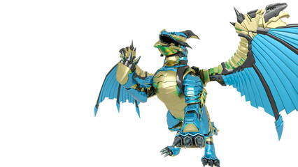 mech dragon is standing up in close up view with copy space