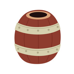 Old wooden barrel with metal rims. Barrel for rum, whiskey, alcohol. Hand drawn cartoon vector illustration isolated on white background
