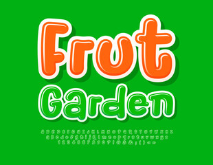 Vector playful Emblem Fruit Garden. Funny Glossy Font. Green Alphabet Letters and Numbers