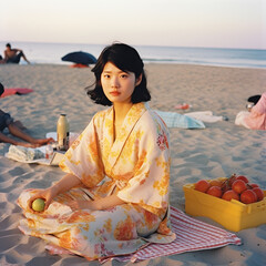 Asian girl in kimono Japan traditional dress portrait shooting on beach summer vacation
