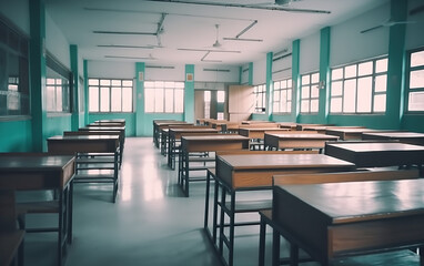 Fototapeta premium Empty School classroom with desks chair wood greenboad. AI, Generative AI