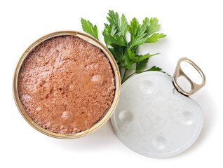 Cat canned food with parsley leaf on a white. Top view