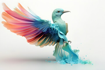Crystal glossy colorful bird on  light background, crystal bird background, white 3D bird creative illustration. Generative AI