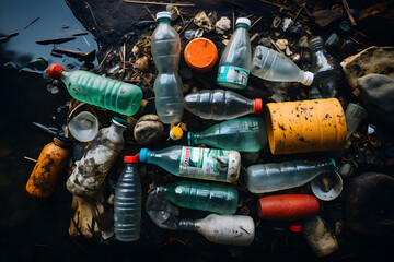 flat lay  background, of a empty, plastic bottles plastic pollution recycling waste environment  pollution in  ocean water trash, single-use plastic Generative AI