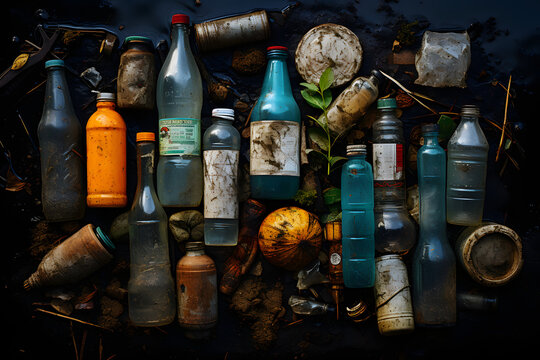 flat lay  background, of a empty, plastic bottles plastic pollution recycling waste environment  pollution in  ocean water trash, single-use plastic Generative AI