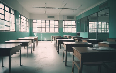 Empty School classroom with desks chair wood greenboad. AI, Generative AI