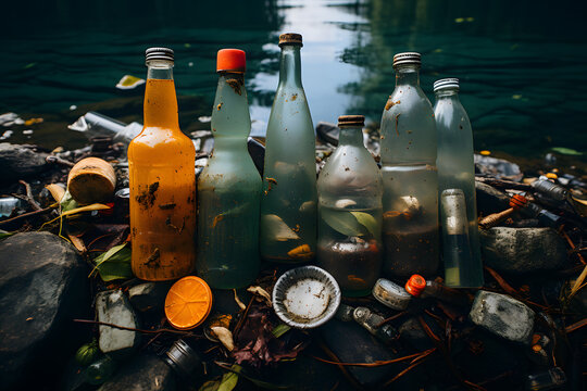 flat lay  background, of a empty, plastic bottles plastic pollution recycling waste environment  pollution in  ocean water trash, single-use plastic Generative AI