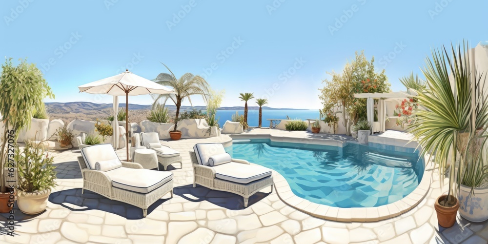 Poster a rendering of a pool with lounge chairs and umbrellas. digital image.