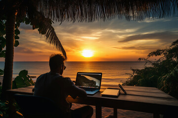 Silhouette of a person working on his laptop outdoors on the beach at golden hour, back view