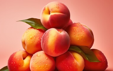 Peaches with drops on the pink background.