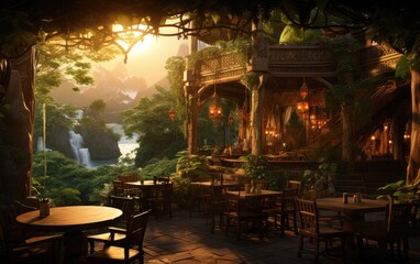Fototapeta na wymiar A wooden design cafe in the sunset jungle.